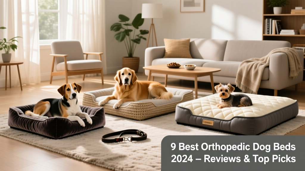 Side-by-side comparison of three orthopedic dog beds in a living room setting, showing different sizes, textures, and support profiles