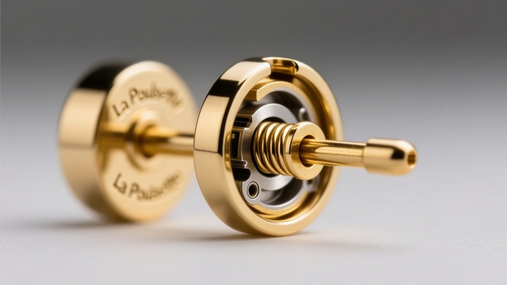 Macro shot of a La Pousette earring back locked on a gold post, showing the internal spring mechanism under bright studio light