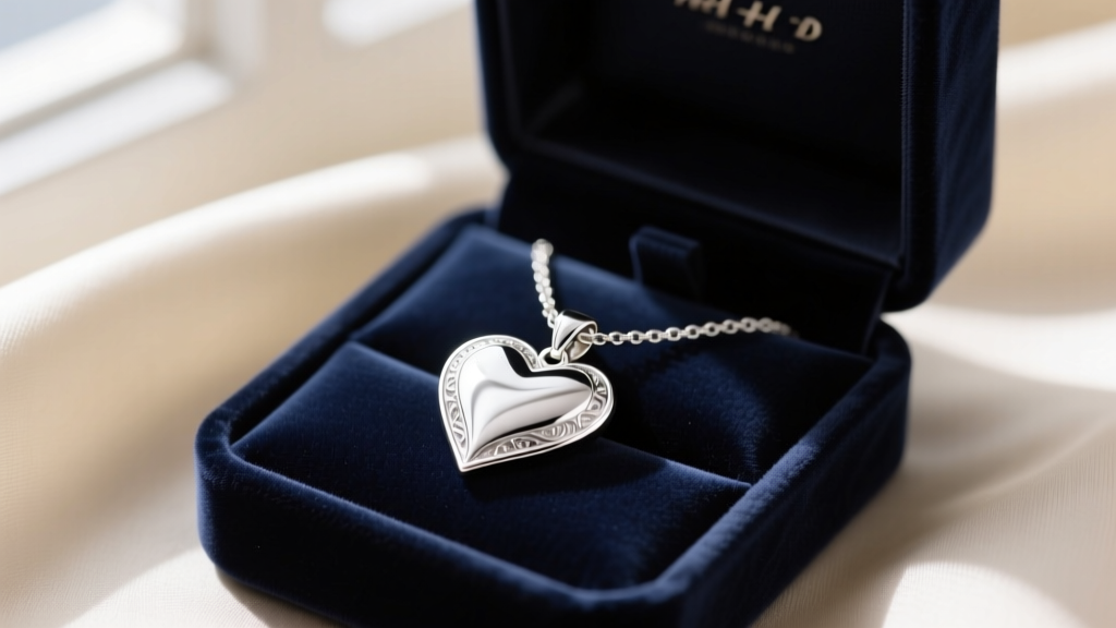 Close-up of a sterling silver heart pendant necklace resting on cream silk beside a dark velvet jewelry box in soft natural light.