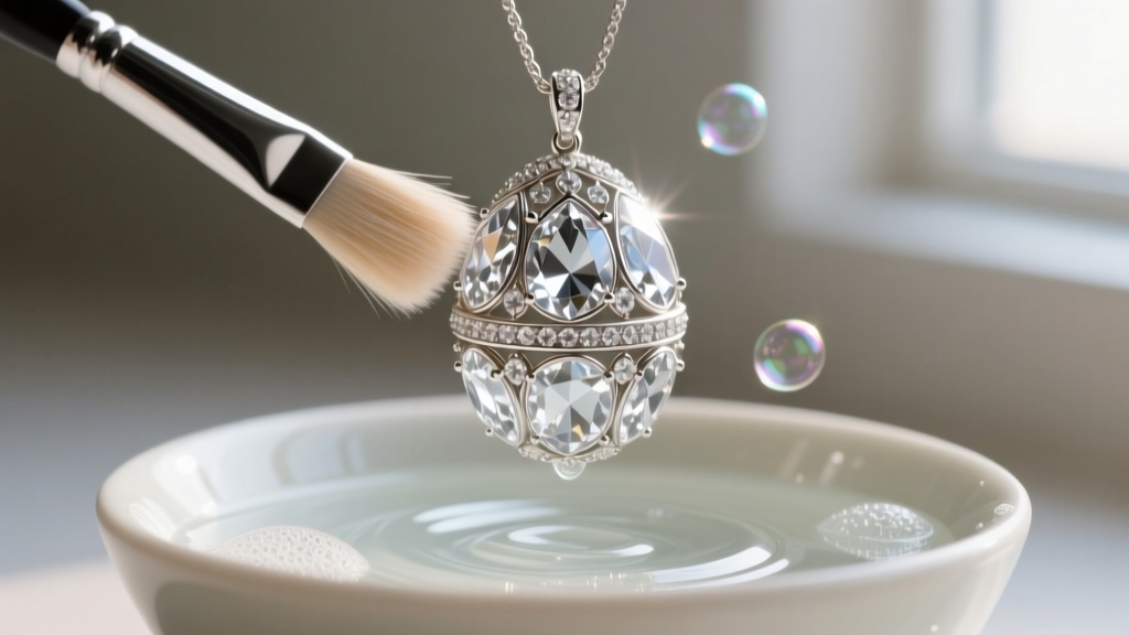 Soft-bristled brush gently cleaning a crystal-encrusted costume jewelry egg pendant over a bowl of mild soapy water.