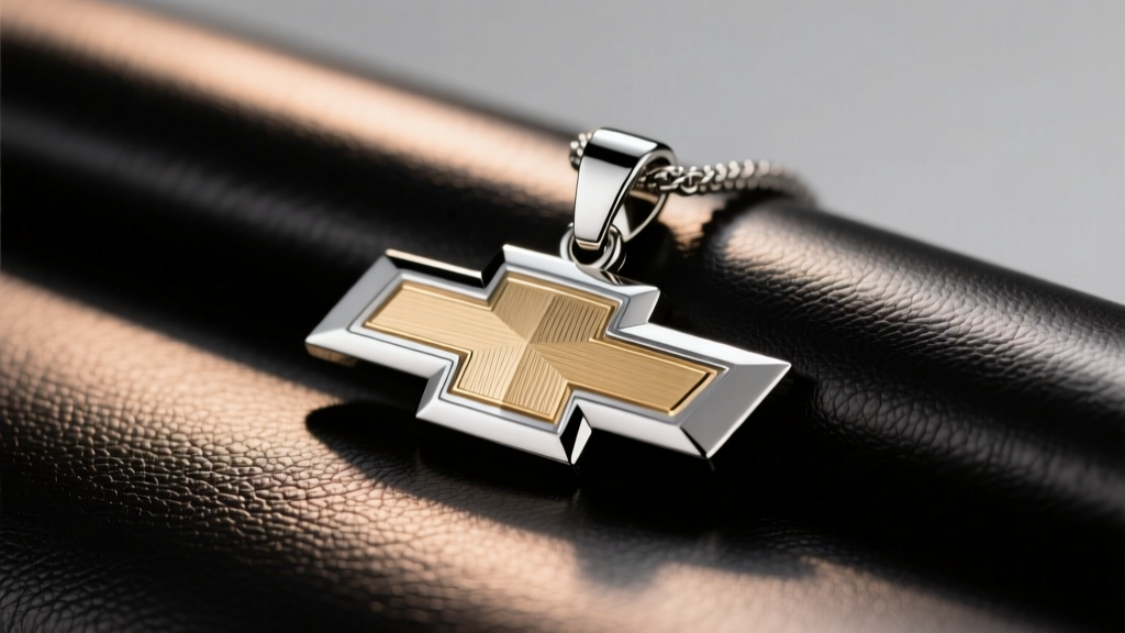 Polished stainless steel Chevrolet Bowtie pendant on dark leather, studio lighting highlighting metal grain and beveled edges.