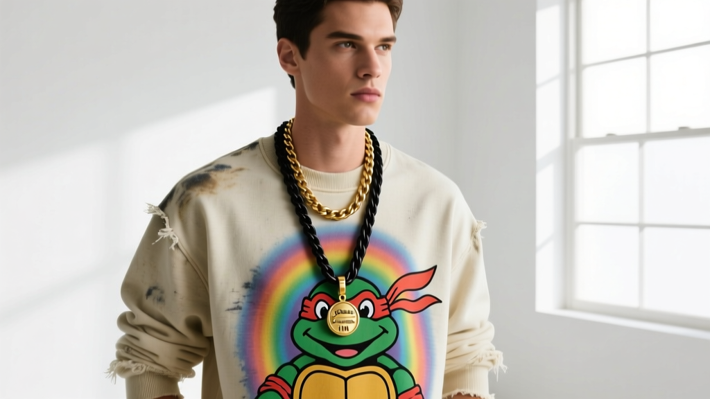 Model layering a 20-inch rope chain and 24-inch Donatello TMNT pendant over a heavyweight vintage graphic cotton crewneck shirt.