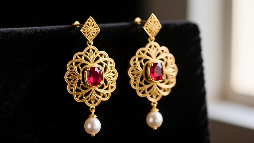 Close-up of 22k gold Kunukku earrings with intricate Nakshi embossed work, red Kemp stones, and hanging pearls on dark velvet.