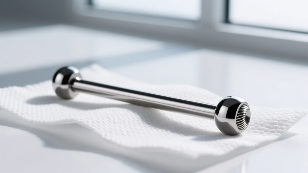 Close-up of a polished 14-gauge titanium straight barbell with threaded balls resting on sterile gauze in a bright, clean studio