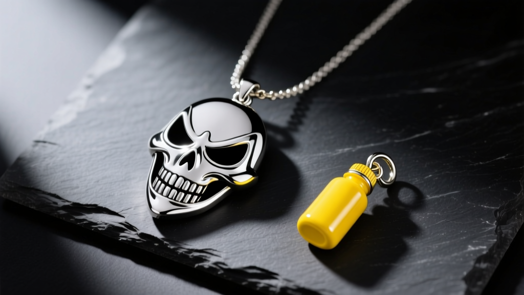 Flat lay of a silver Bleach anime Hollow mask pendant and a miniature yellow bleach bottle streetwear charm on dark slate.
