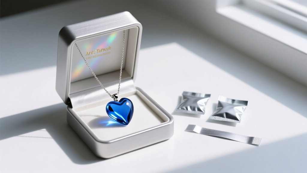 Open anti-tarnish jewelry box holding a blue glass heart necklace, beside small silica gel packets and silver anti-tarnish strips.