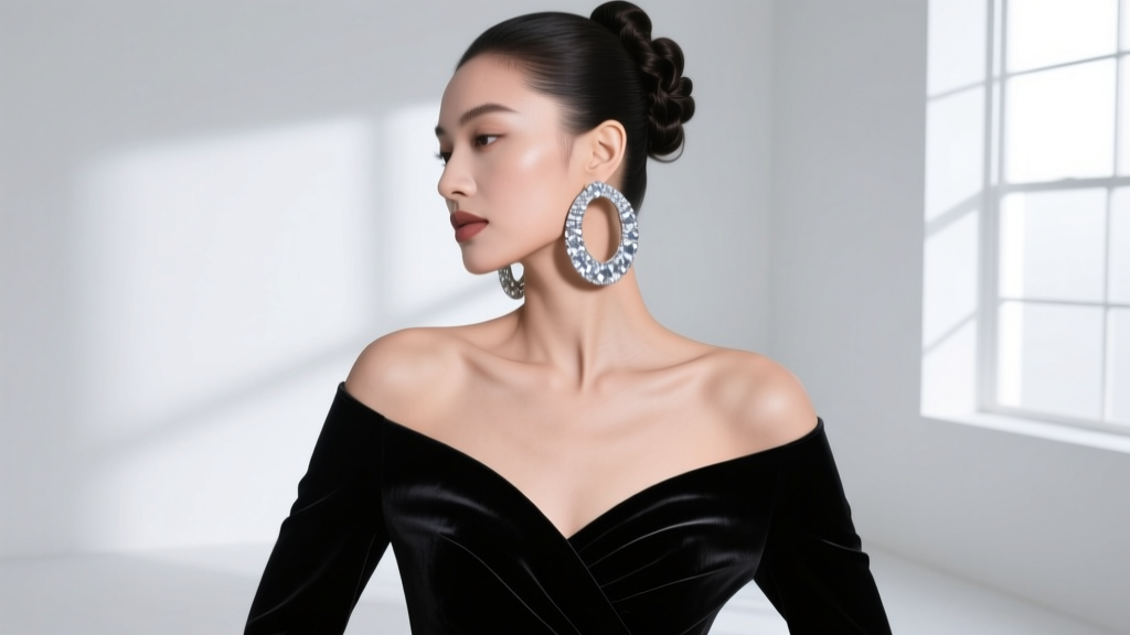 Editorial shot of a model wearing huge diamond hoops with an off-the-shoulder black velvet top, hair swept up elegantly