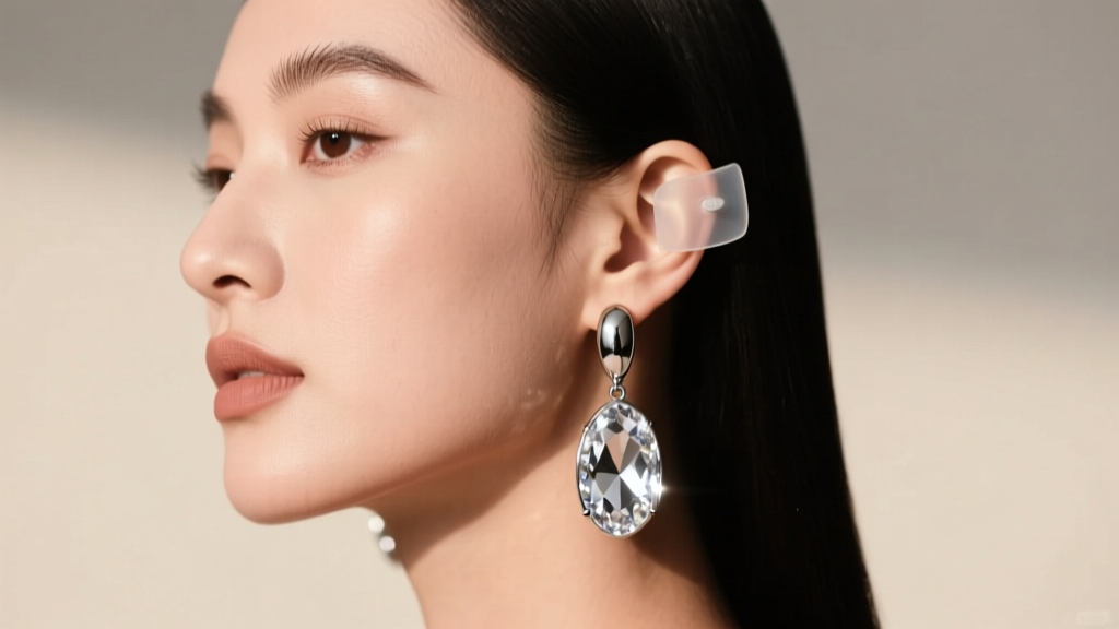 Side profile of a woman wearing heavy drop earrings supported by clear silicone earlobe patches to prevent tearing and sagging