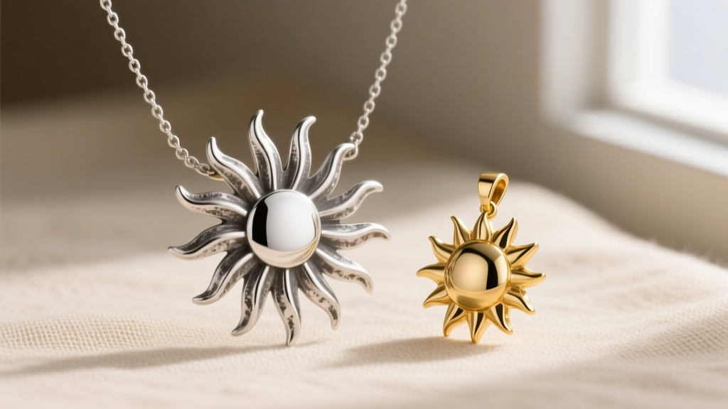 Sterling silver sunray necklace with oxidation in the radiating grooves, placed next to a bright polished brass sunburst pendant.