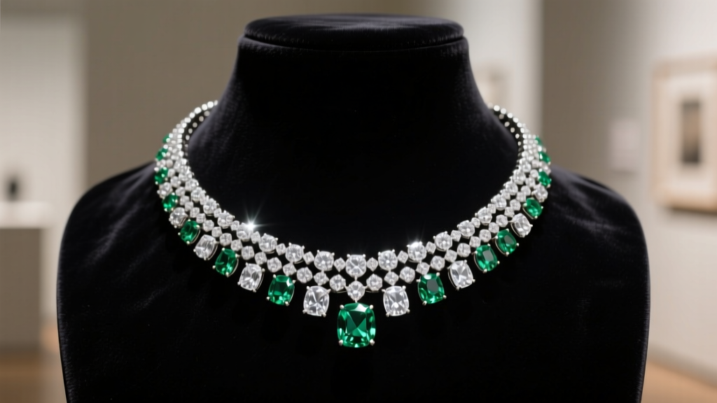 Close-up of a luxurious 106-carat total weight custom diamond riviere necklace draped on a velvet display bust under gallery lighting