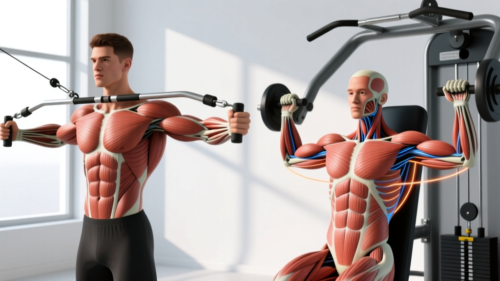 Side-by-side biomechanical diagram comparing the horizontal adduction of a cable fly to the compound pressing path of a machine chest press