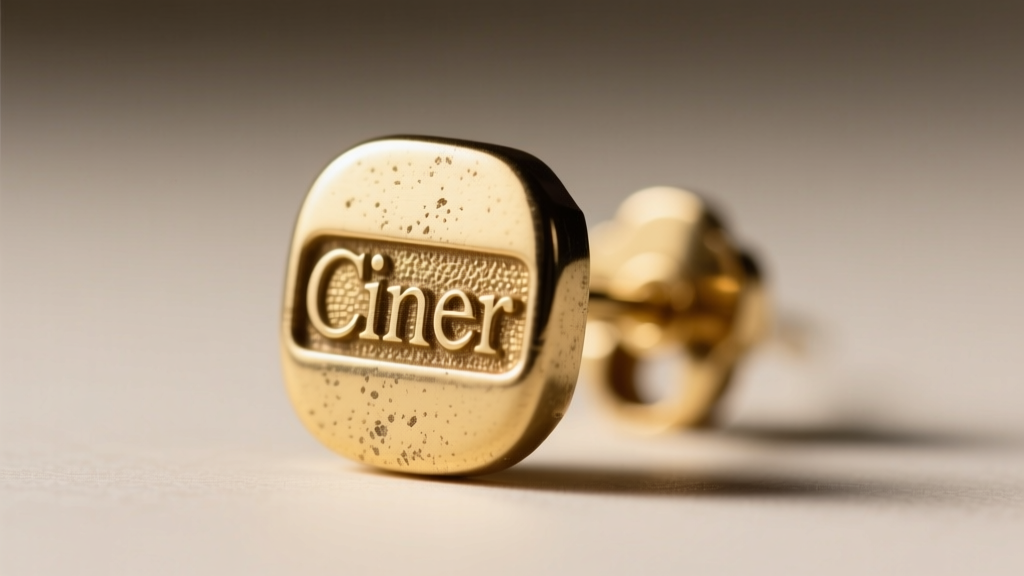 Macro photo of the back of a vintage Ciner earring showing the stamped block letter hallmark on a textured gold-tone metal finish