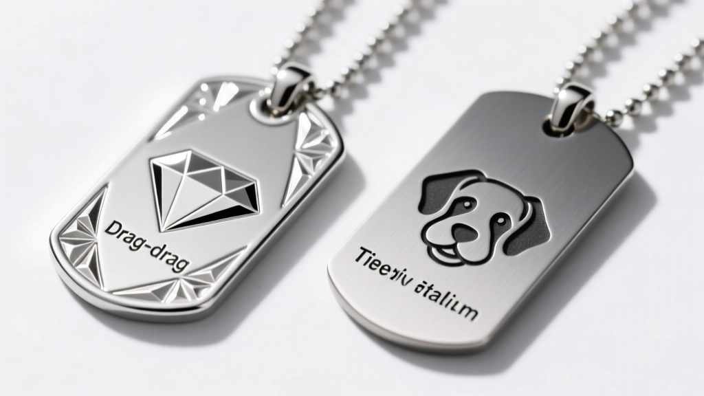 Side-by-side view of a diamond-drag engraved silver dog tag and a deep fiber-laser engraved titanium tag under studio lighting.