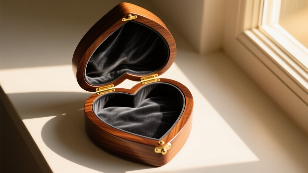 Overhead view of a restored mahogany heart shaped jewelry box open to reveal plush charcoal anti-tarnish velvet lining inside