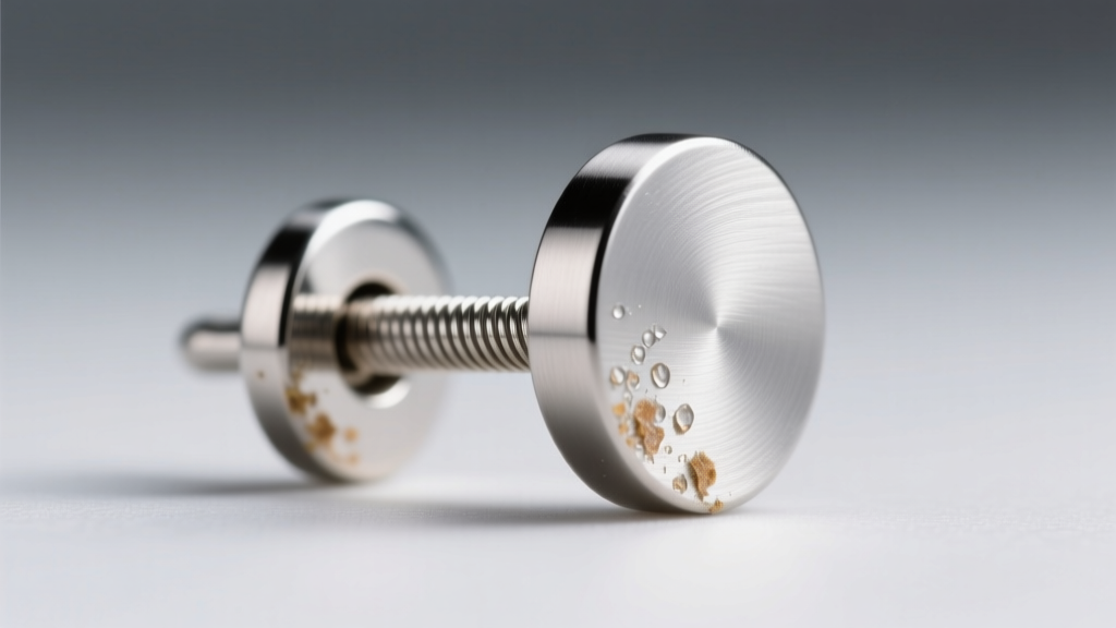 Macro shot of a titanium flat back stud earring post showing intricate threading and minor skin cell buildup near the metal base.