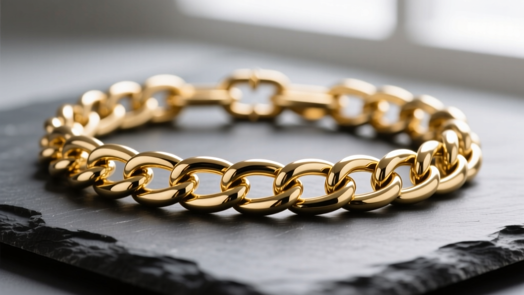 Macro view of 14k gold curb chain links on slate, highlighting flat polished surfaces and secure soldered joints.