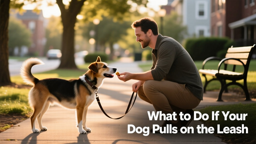 Dog owner and dog pausing mid-walk, with owner crouching slightly to offer a treat while leash remains slack