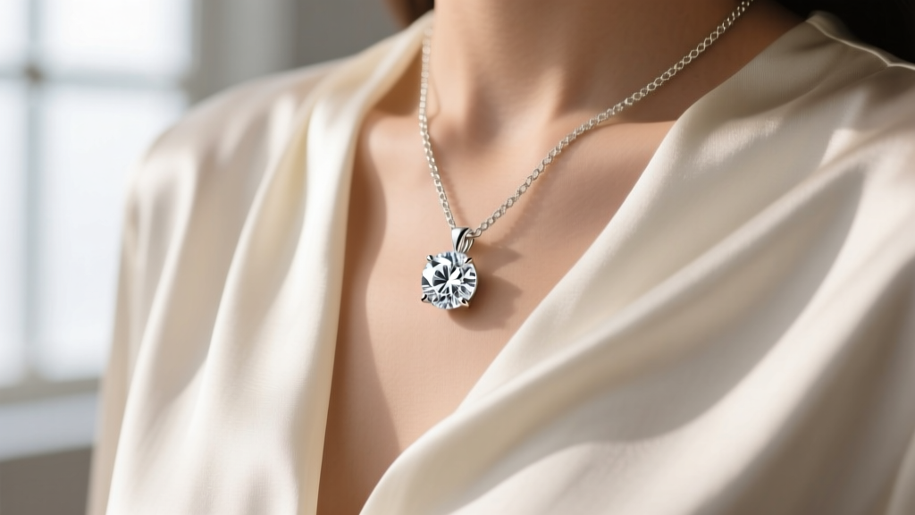 Close-up of a one-carat round brilliant diamond pendant on a white gold box chain resting on a silk blouse under soft studio lighting