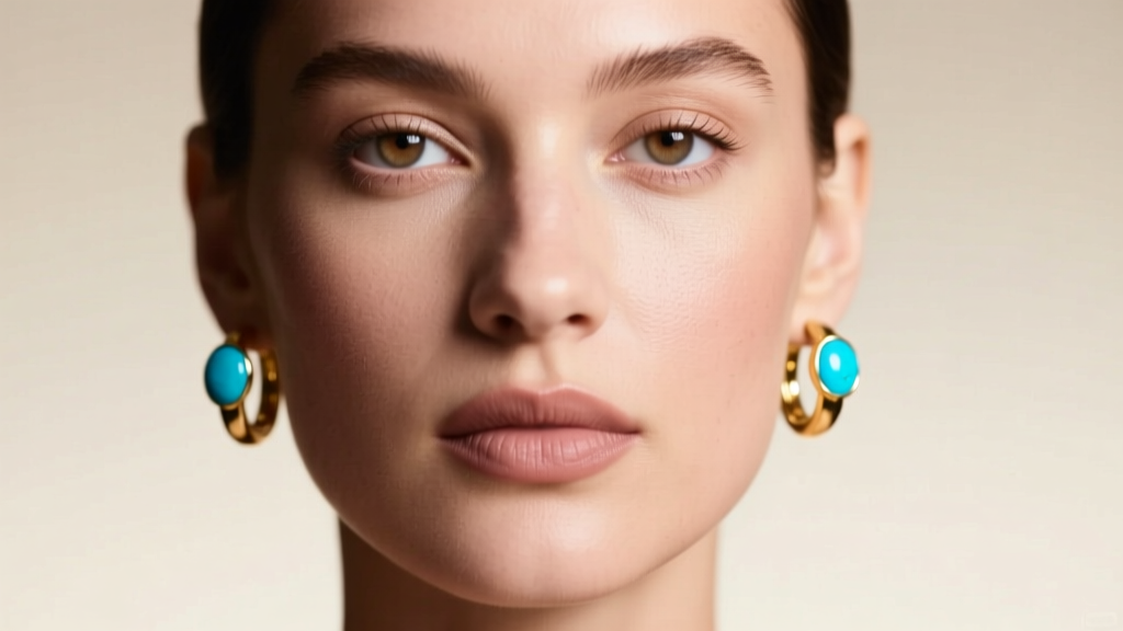 Close-up of model wearing 25mm 14k gold hoop earrings with a single Sleeping Beauty turquoise bead, soft studio lighting.