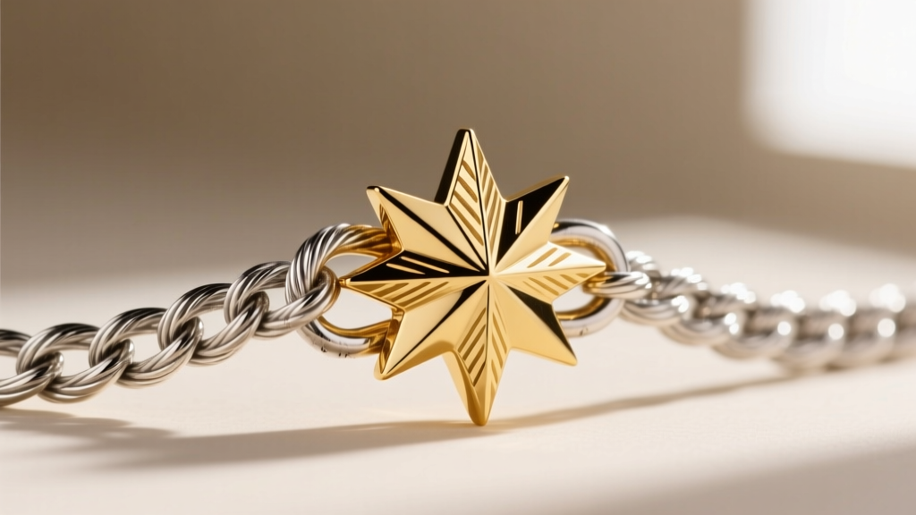 Macro shot of a twisted sterling silver cable chain connecting to an 18k gold starburst clasp, highlighting textured metalwork