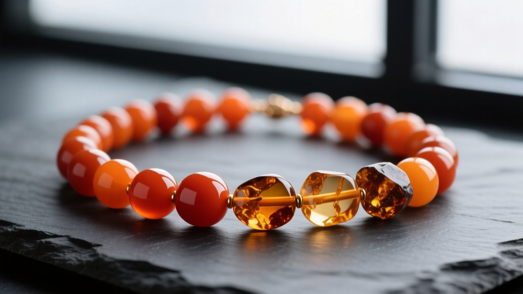 Macro photography of a vibrant orange bead necklace featuring polished carnelian and raw amber stones on dark slate