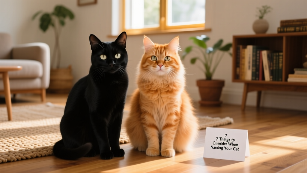 Two cats sitting side by side — one sleek black, one fluffy ginger — looking calmly at the camera