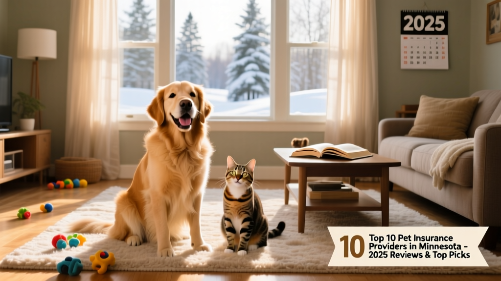 A happy golden retriever and tabby cat sitting side by side on a sunlit living room floor, representing companion pets in a Minnesota home