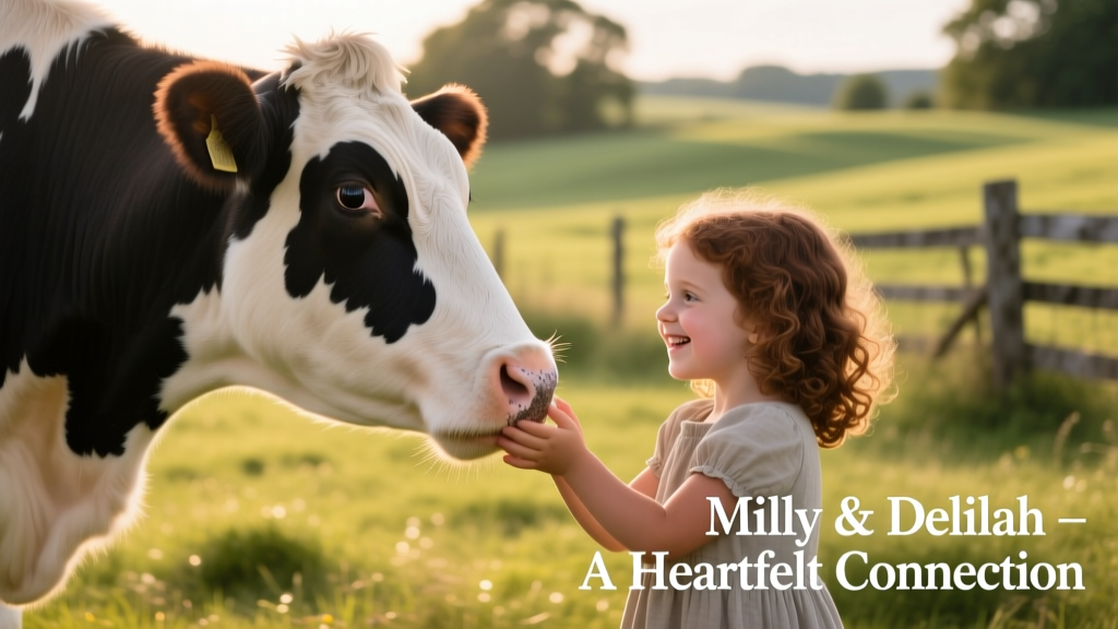 Close-up of Milly’s hands reaching gently toward Delilah’s muzzle as the cow lowers her head in a calm, affectionate gesture