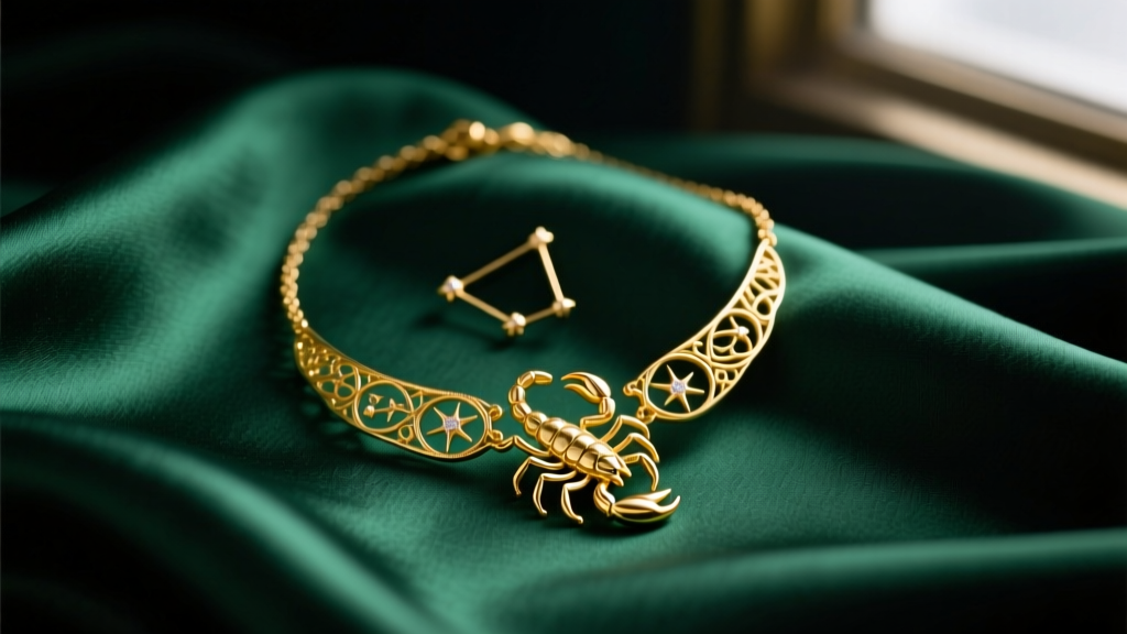 Close-up of a delicate 14k yellow gold scorpio constellation necklace resting on dark emerald green silk fabric in moody lighting.