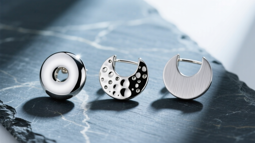 Overhead shot of three silver disc earrings on slate: one polished, one hammered, and one with matte brushed finish.