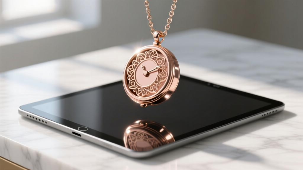Tablet displaying a 3D mockup of a rose gold locket using a transparent PNG overlay for custom jewelry client approval process