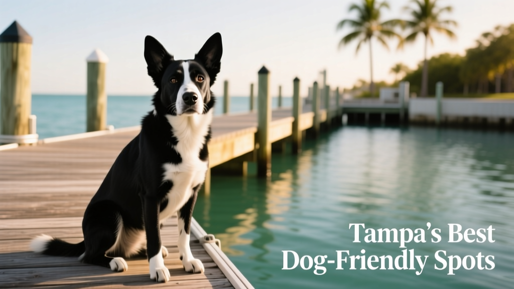 A black-and-white dog sitting attentively beside a Florida docking bay, looking toward the camera