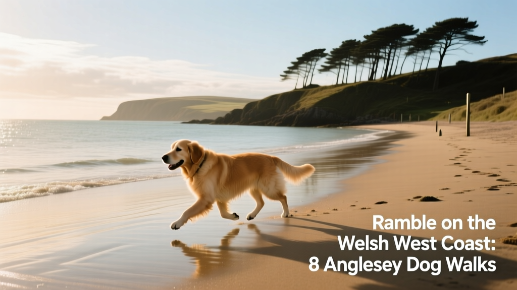 A dog trotting along the sandy shoreline of Llanddwyn Island, with pine trees and distant sea views
