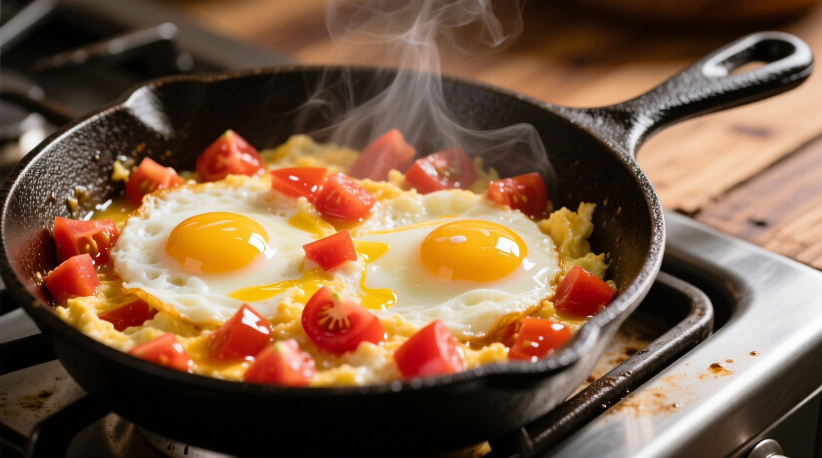 Scrambled eggs with fresh tomatoes in cast iron skillet