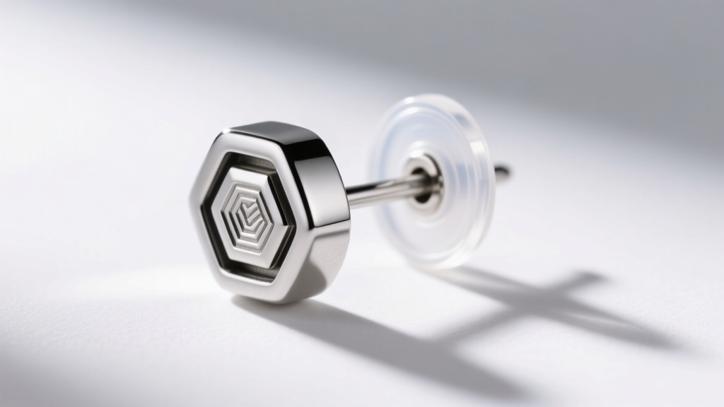 Macro photography of a silver magnetic therapy earring stud, showing the neodymium magnet base and clear silicone backing pad.