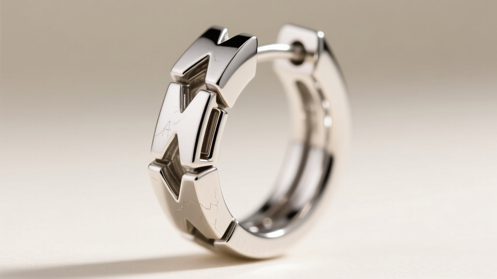 Extreme close-up of a hinged snap clasp mechanism on a 20-gauge silver diamond hoop earring, showing the interlocking metal groove