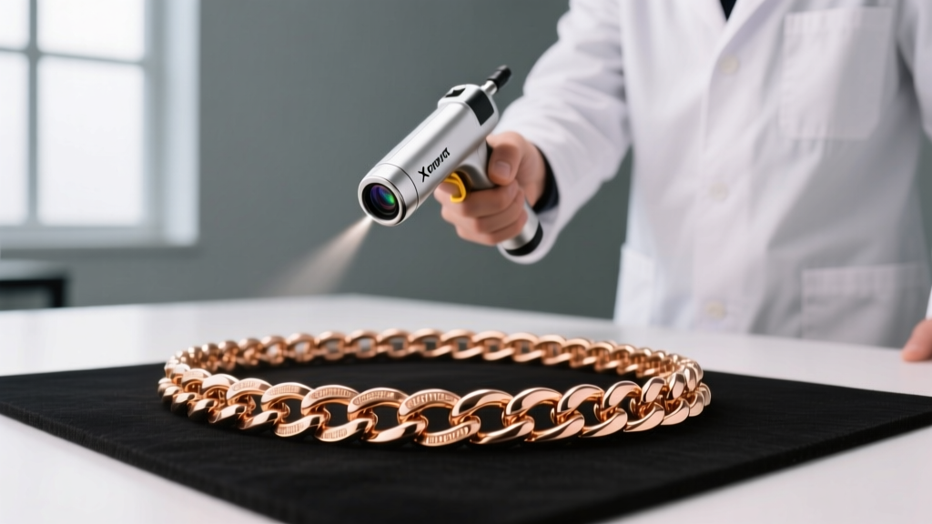 Jeweler holding a handheld XRF spectrometer gun against a thick 14k rose gold Cuban link chain resting on a dark testing mat.