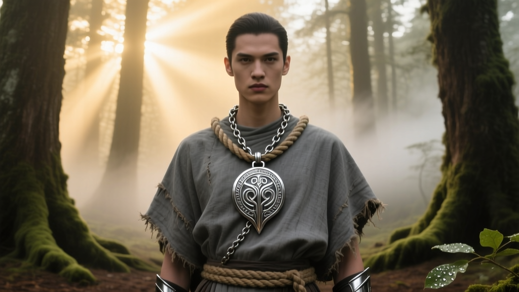 Cosplayer wearing a stainless steel Talos amulet on a thick rope chain over a textured grey tunic, shot in a misty forest.