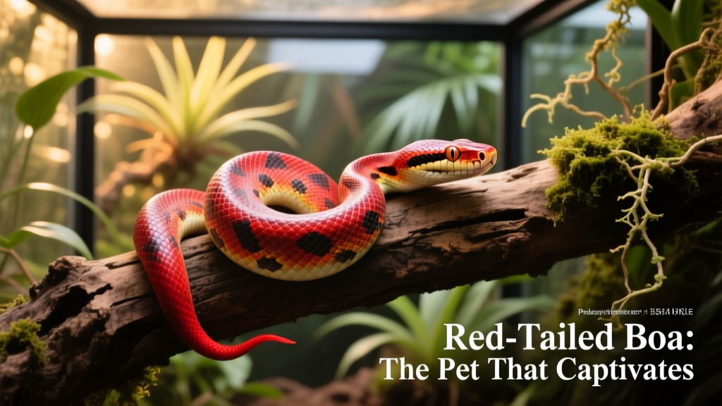 A calm, healthy red tail boa coiled on a naturalistic branch in its enclosure