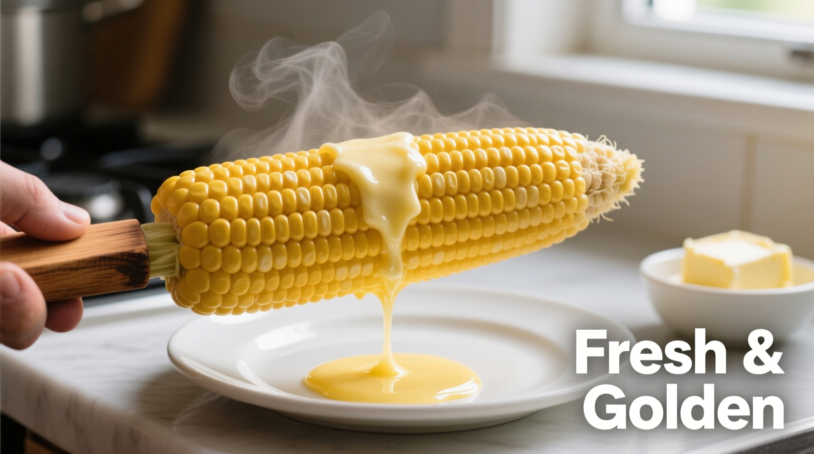 Freshly boiled corn on cob with melted butter