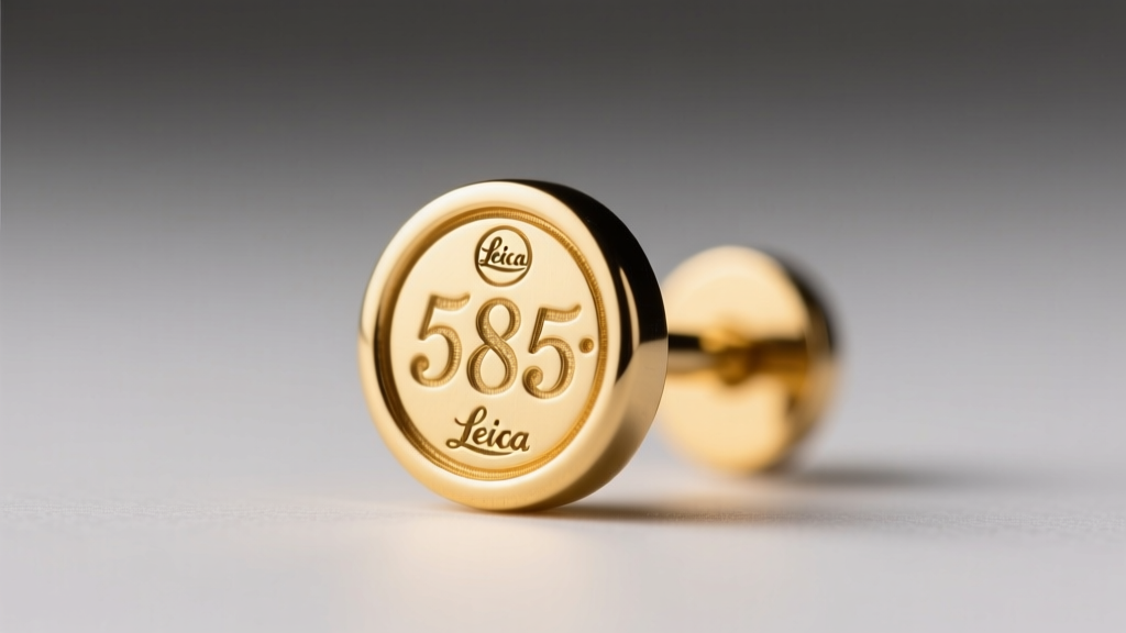 Macro shot of a 585 hallmark stamp on a gold stud earring post, viewed through a loupe against a softly blurred gray background