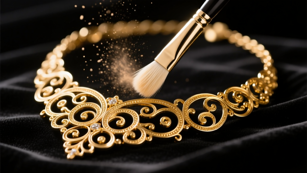 Soft brush gently sweeping dust from intricate metal filigree on a vintage gold costume necklace under bright studio lighting.