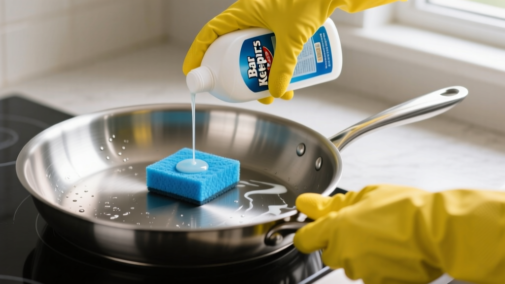 Hands in yellow gloves applying Bar Keepers Friend liquid cleanser with a soft blue sponge to the interior of a stainless steel frying pan