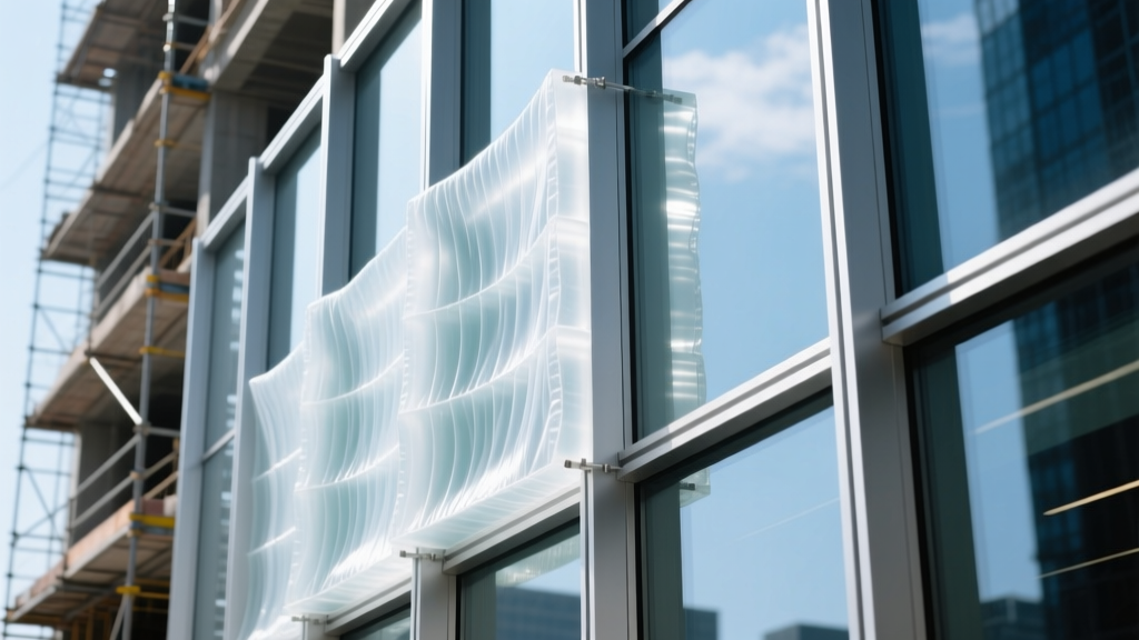 Translucent silica aerogel blanket secured behind aluminum curtain wall mullions during commercial high-rise construction