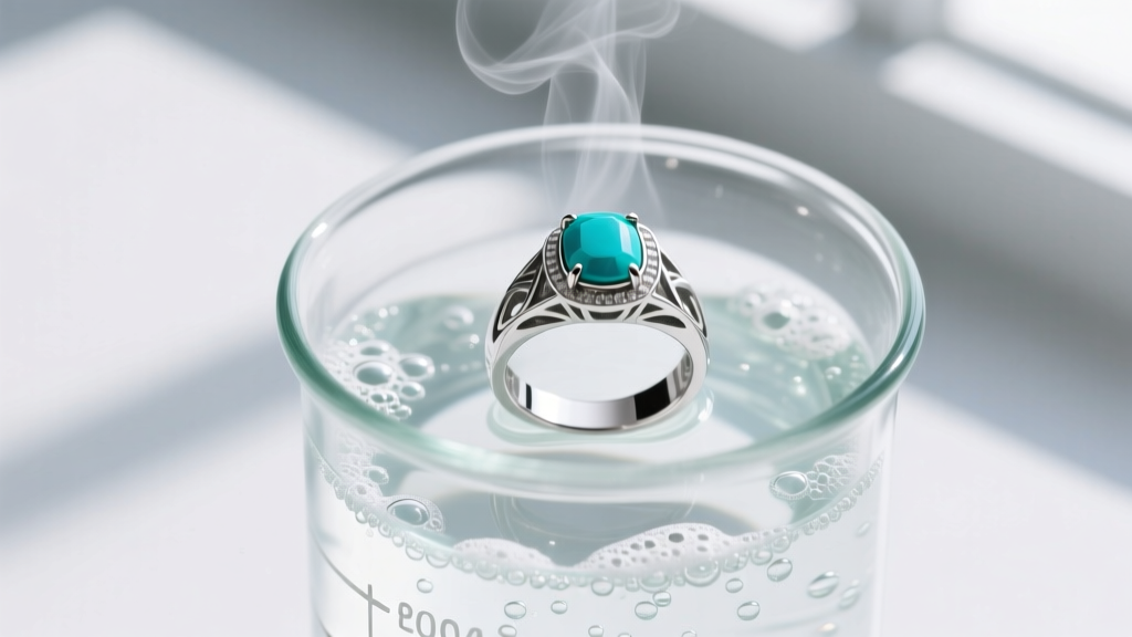 Overhead shot of a clean sterling silver ring with turquoise submerged in a hot water and baking soda electrolyte solution