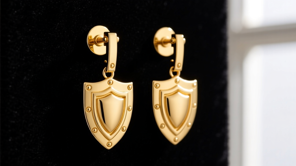 Close-up of 14k yellow gold door knocker earrings with shield drops on dark velvet, highlighting metal grain and hinge mechanics.