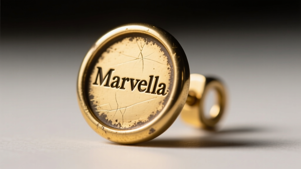 Macro photography of a vintage Marvella earring hallmark stamp reading Marvella on a brass omega clip back with gold plating wear.