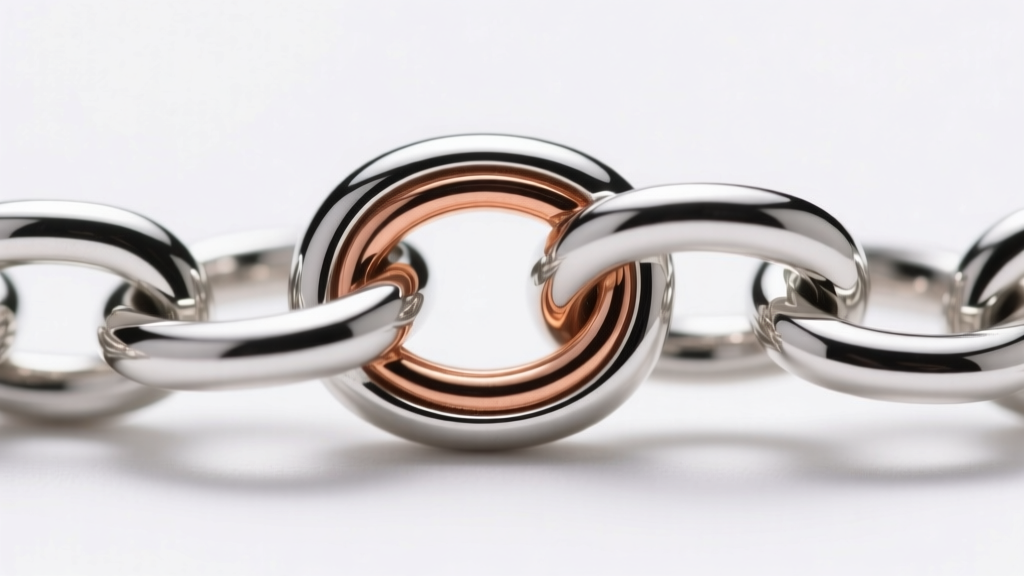 Diagram showing the copper core and rhodium-plated sterling silver layers of a fine jewelry chain link on a white background.