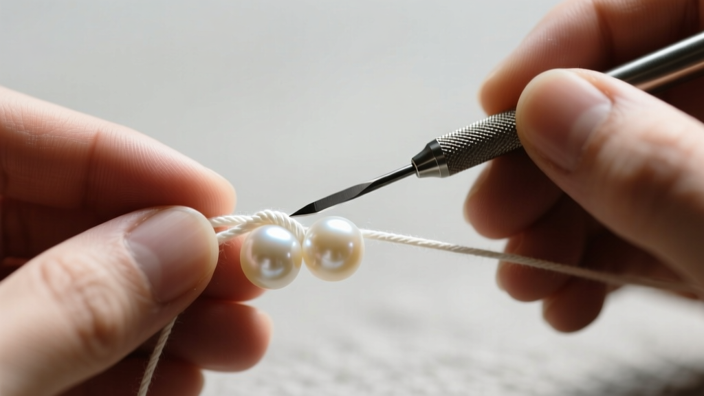 Jeweler using a fine steel beading awl to loosen a tight white silk thread knot between two round cream-colored freshwater pearls.