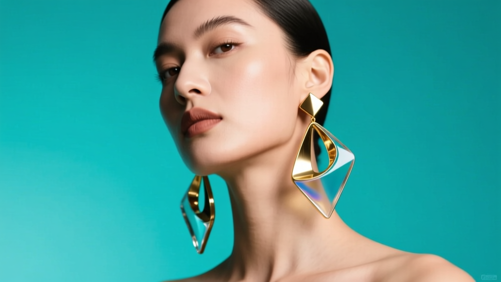 Model wearing bold kinetic acrylic and gold-plated brass drop earrings, soft studio lighting, vibrant teal backdrop.
